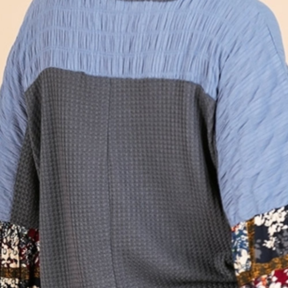 New UMGEE 1XL Floral Mixed Color block Print Long Sleeve Waffle Knit Top - Picture 4 of 6